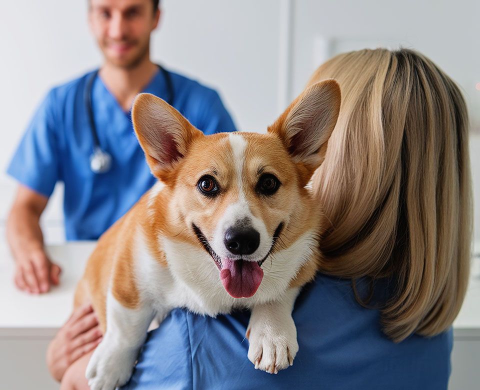 joyful corgi with woman at Jefferson Animal Clinic